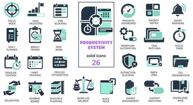 Productivity system icons set of 26 solid icons in navy and mint colors