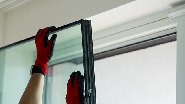 Worker separating triple glazed window glass unit into individual panels for safe handling and disposal after damage in apartment. Window repair, glass recycling and maintenance process concept.