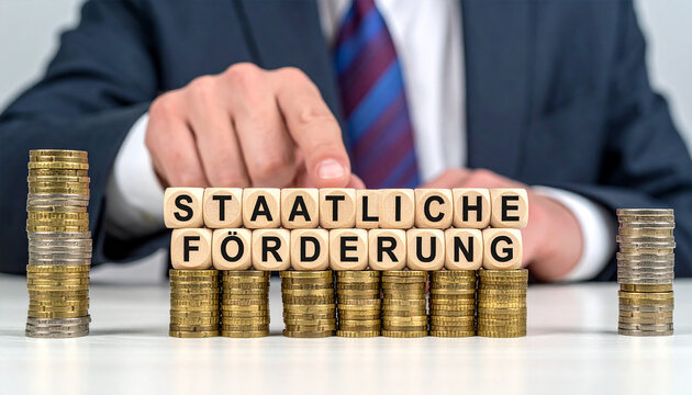 Staatliche Förderung - Geschäftsmann zeigt auf das Wort "Staatliche Förderung"