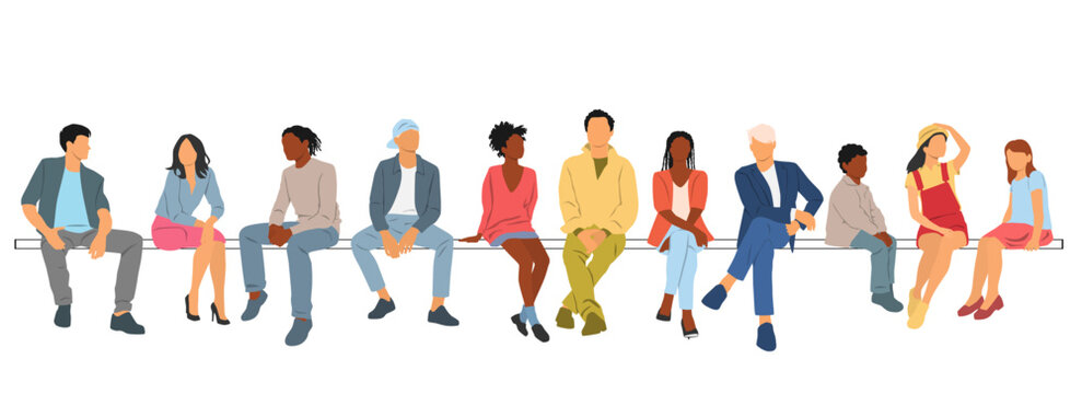 Group of young people, men, women and teenagers sitting on a bench, vector illustration, different colors, cartoon character, people silhouettes, flat icon design concept, isolated on white background