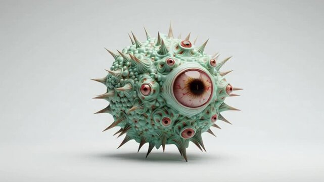 Surreal Spiked Creature with Multiple Human Eyes on White Background