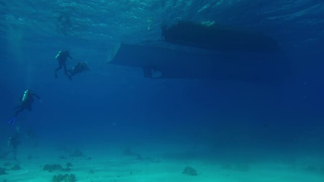 Group of scuba divers approaching the ramps of diving boat on sunny day, Slow motion of divers returning underwater to their diving safari boats, Underwater view