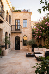 Obraz premium Elegant outdoor courtyard of a mediterranean villa featuring a stone fountain and warm lighting for luxury real estate residential architecture and summer vacation concepts.
