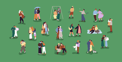 Fototapeta premium Couples of tiny people set. Lovers hold hands, hug and kiss outdoors. Men and women in romantic relationships walk together. Cute diverse girlfriends and boyfriends. Flat isolated vector illustrations