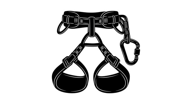 Black Climbing Harness with Carabiner Isolated on White Background.