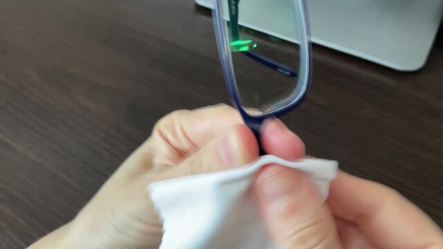 Cleaning blue eyeglasses with cloth at desk, careful lens wipe and frame polish, microfiber motion removes smudges, fingertip control on bridge and temples, neat streakfree vision preparation