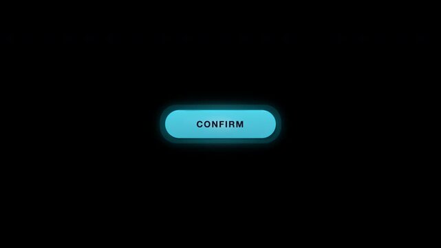 Blue illuminated confirm button ideal for web design projects, apps, online forms. Bold, sleek design on a dark background.