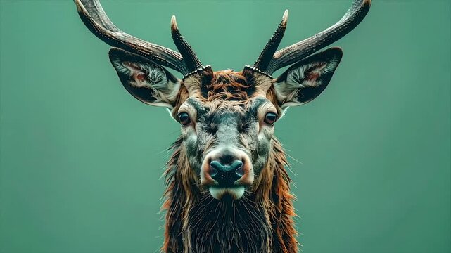 A striking portrait of a stag with large antlers against a muted green backdrop