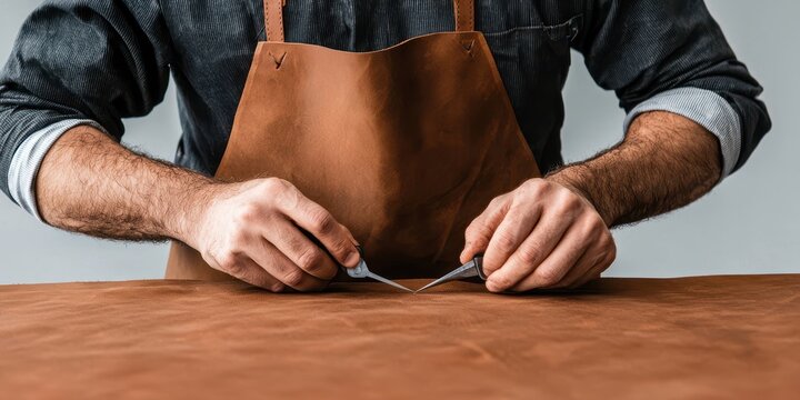 A craftsman wearing a brown apron carefully works with a tool on a piece of leather on a wooden table.