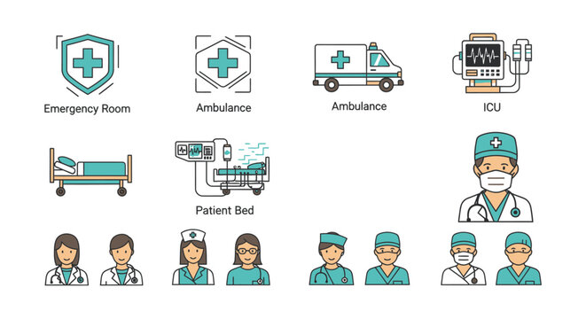 Collection of medical icons representing emergency room, ambulance, ICU, patient bed, doctor, nurse, and medical equipment