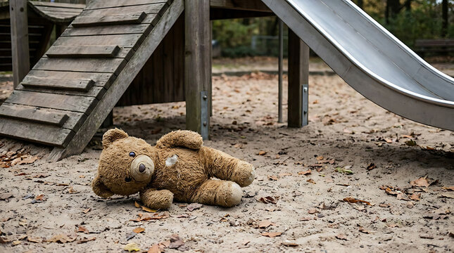 A worn teddy bear lies abandoned on the sand of a playground near a slide. The scene evokes a sense of loneliness or a lost childhood item in a quiet outdoor