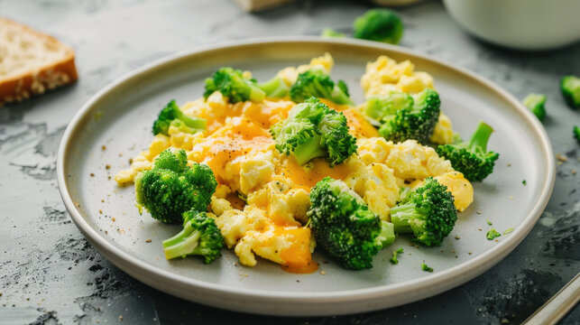 Healthy Breakfast of Fluffy Scrambled Eggs with Fresh Steamed Broccoli Florets Served on a Ceramic Plate for a Nutritious Morning Meal High in Protein and Fiber for a Fit and Balanced Lifestyle Diet