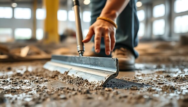 Close-up of a person's hand applying and smoothing concrete or cement with a screed board in a construction site with blurred background and tools scattered around.