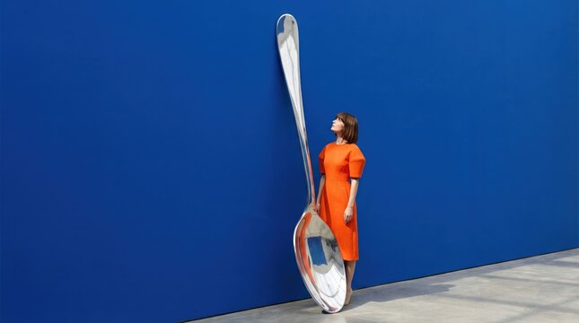 Woman in orange dress and an oversized silver spoon sculpture against a vibrant blue wall, surreal fashion and playful art installation
