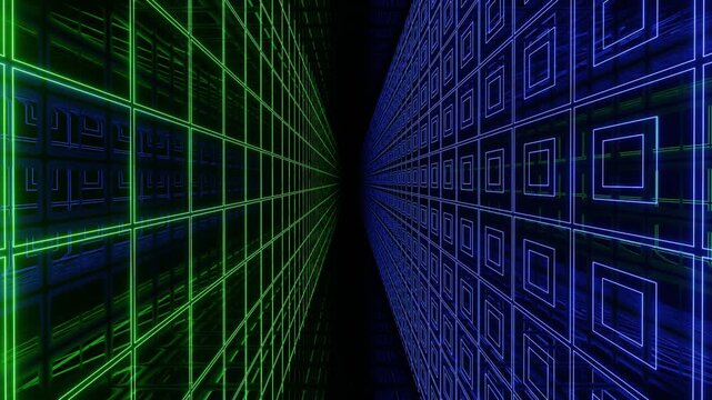 Hi-tech neon sci-fi tunel. Neon pattern hi tech technology. Trendy neon glow lines form pattern and construction in mirror tunnel. Fly through technology cyberspace. 3d looped 4k bright youth bg.