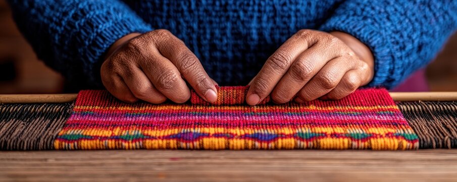 Hands weaving colorful fabric on a loom, showcasing traditional textile craftsmanship.