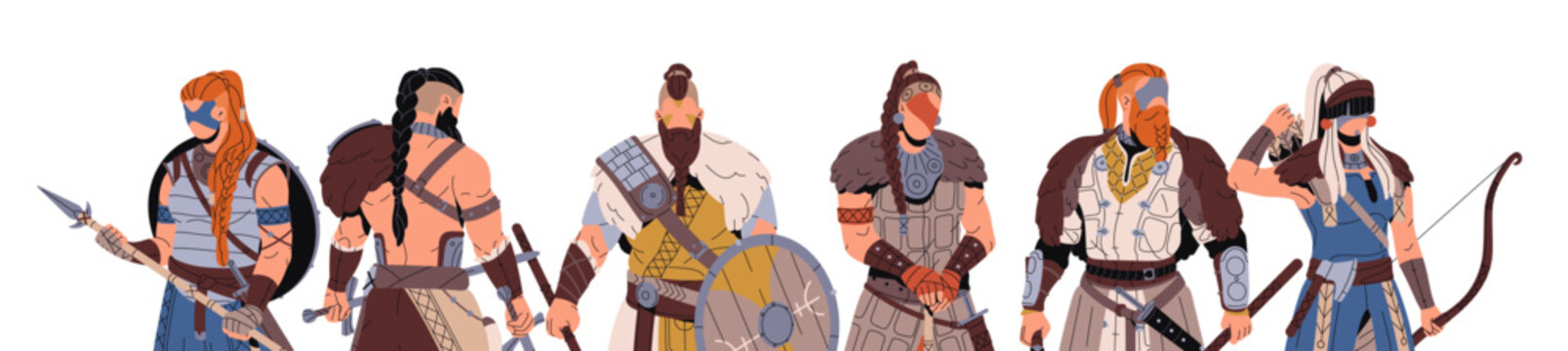 Group of vikings standing together. Ancient barbarians with swords and shields. Medieval Scandinavian soldiers and warriors with weapons and animal hides. Flat isolated vector illustration on white