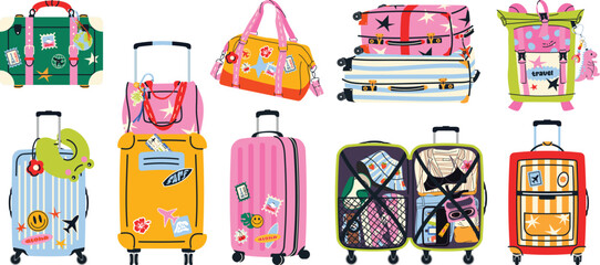 Travel bags set. Colorful collection of suitcases, backpacks and duffel bags with stickers and details. Perfect for vacation, tourism and summer travel themes. Flat vector isolated on white background © m_matvi