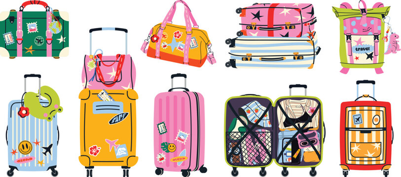 Travel bags set. Colorful collection of suitcases, backpacks and duffel bags with stickers and details. Perfect for vacation, tourism and summer travel themes. Flat vector isolated on white background