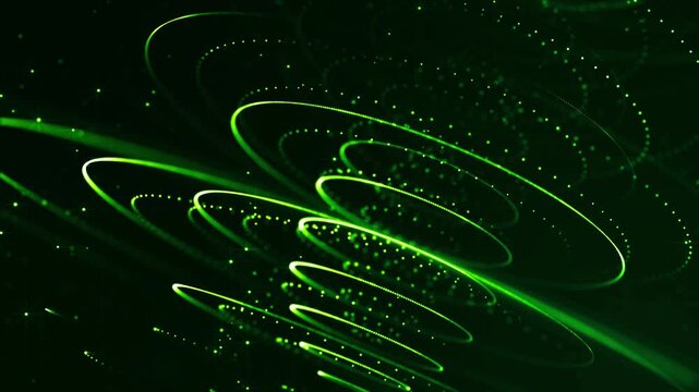 3d render vj loop Green ribbon cascade with sinuous coils, streaking strobe lines and sparkling filaments, kinetic flow creating layered whorls and ambient glow for electronic backgrounds and motion