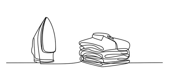 A continuous line drawing of a household electric iron placed next to a stack of folded clothes Vector, illustration