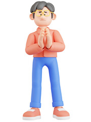 Fototapeta premium 3d Render of Young Man Character with Greeting Gesture or Wai Thai Style