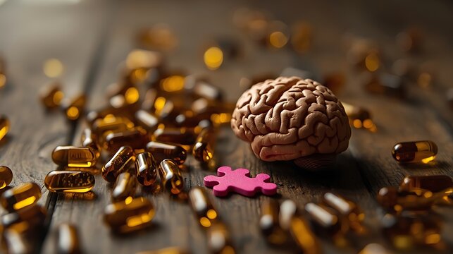 A brown human brain model sits on a wooden table surrounded by scattered amber capsules and a single pink puzzle piece, symbolizing mental health and cognitive function