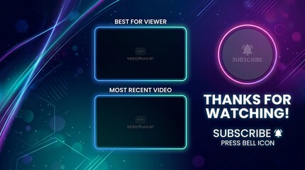 Obraz premium Modern video end screen template featuring two placeholders for recommended content plus a circular button encouraging viewers to subscribe and click notifications