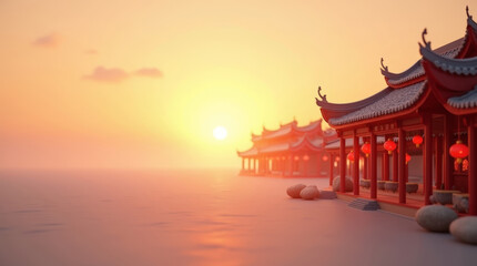 Obraz premium Row of traditional chinese buildings at sunset with red lanterns and warm glow