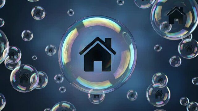 Real estate market crash crisis recession bankruptcy risk collapse debt housing bubble concept with home icon in soap bubble, floating on dark blue background, showing loss panic, fragile finance