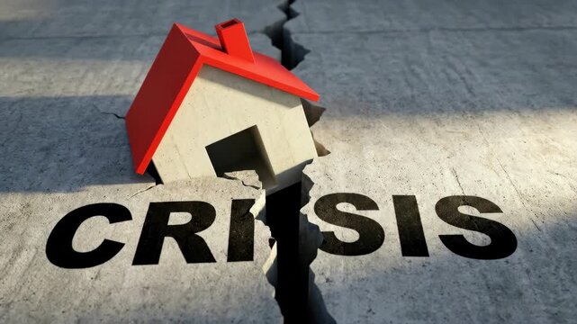 Real estate market crash crisis recession bankruptcy risk collapse debt loss panic housing warning symbol cracked concrete as red roof house model sinks into financial risk collapse debt