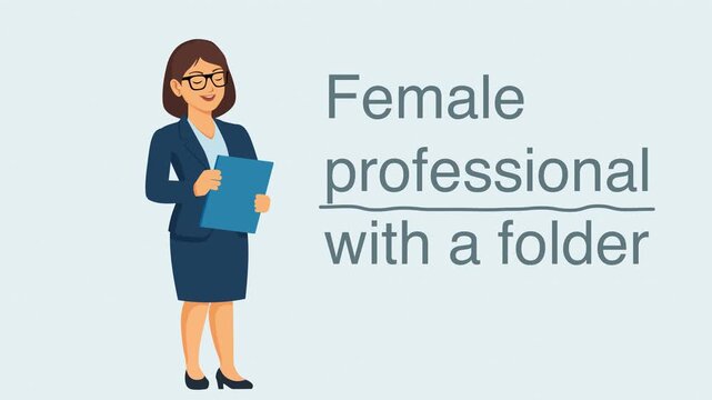 Vector animation of a professional business woman with a folder. Office lady in a blue suit talking or presenting for corporate explainers, HR training, and business marketing videos.