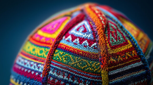 deontology. Colorful traditional Andean knitted hat with intricate geometric patterns. event programs, museum guides, designed for cultural heritage projects and event programs, preserves heritage.