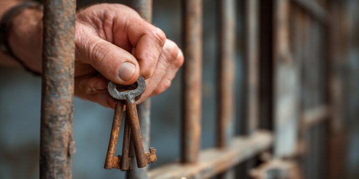 a person s hand holding rusty keys in front of prison bars symbolizing hope, freedom, and redemption in a distressed environment
