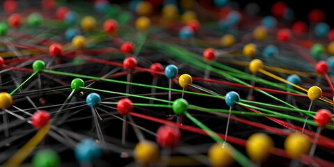 Colorful network of pins and threads creating a striking abstract pattern resembling connections and relationships in a creative project or design