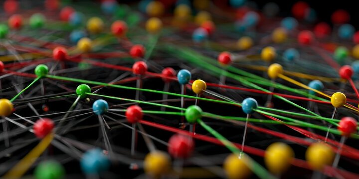 Colorful network of pins and threads creating a striking abstract pattern resembling connections and relationships in a creative project or design