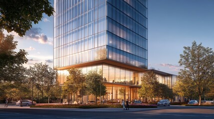 Obraz premium Modern Glass Building with Urban Landscape and Sunlight Reflection in City Environment