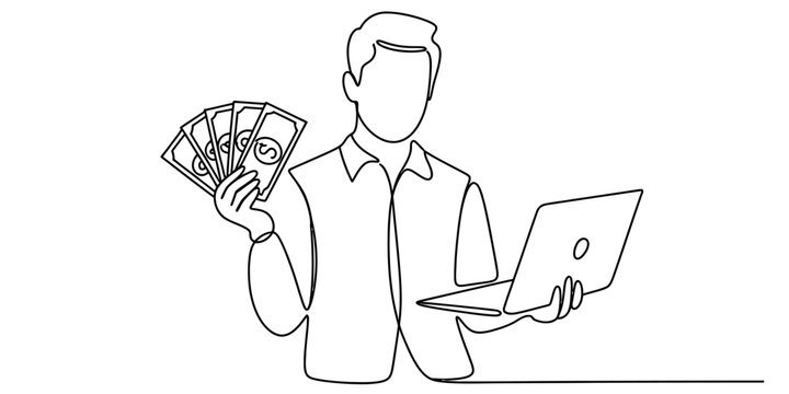 Continuous line drawing of a man holding a stack of cash while working on his laptop computer