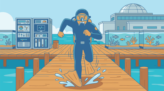 Diver Running on Wooden Pier Over Water.