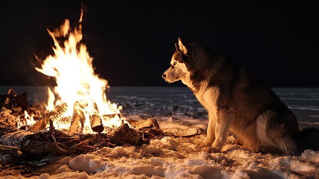 A majestic Alaskan Malamute sits by a crackling bonfire on a cold, snowy night, its fur glowing in the warm light, capturing a serene moment of wilderness companionship