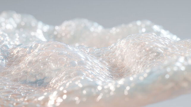 Artificial skin transplantation concept showing luminous white biocompatible hydrogel tissue with translucent cellular bubbles. Ideal for regenerative medicine, biology and science research.