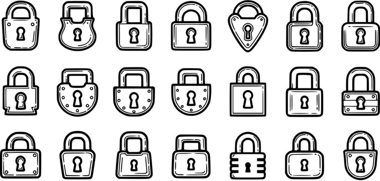 Black and White Line Art Icons of Padlocks in Various Styles for Security and Access Concepts