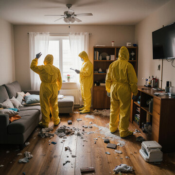 People in yellow hazmat suits cleaning up a messy living room after a disaster or crime scene for professional biohazard cleanup services and environmental safety graphics.