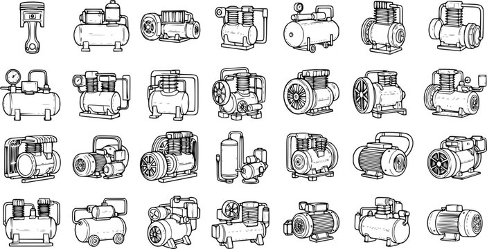 Industrial Air Compressors and Pumps Line Art Vector Icons Set. Mechanical Workshop Equipment and Engine Piston Outline Illustrations.