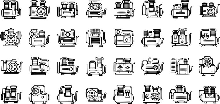Air Compressor Outline Icons Set - Black and White Line Art Glyphs for Industrial Tools, Workshop Equipment, and Pneumatic Machinery
