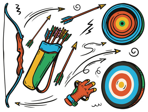 Colorful Archery Equipment Doodle Illustration Set with Bow Arrows Quiver and Bullseye Targets