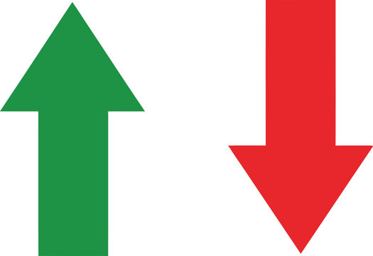 Green arrow pointing up and red arrow pointing down isolated on a plain white background. Vector