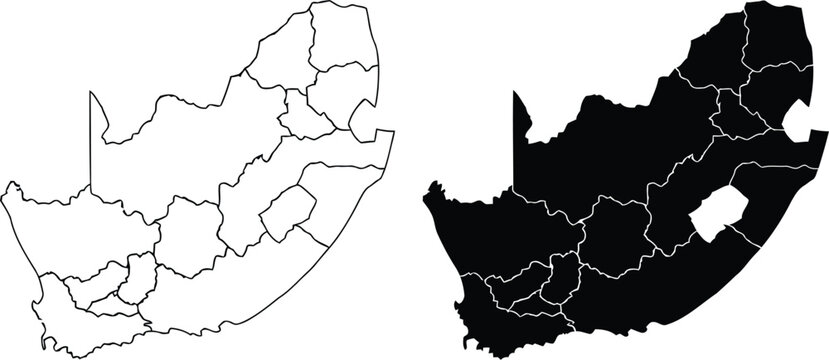Detailed map of south africa showing provincial boundaries in both line art and solid black. Vector