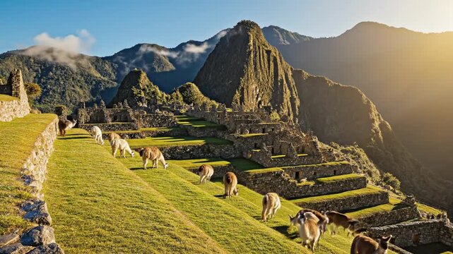 Llamas graze in Machu Picchu, Peru, ancient Inca citadel, Andes mountains, sunny day