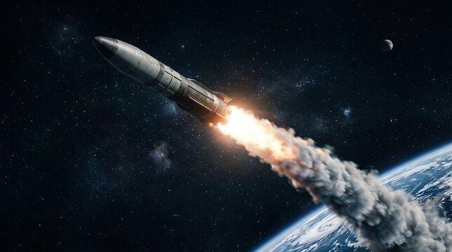Large military ballistic missile accelerating through the dark air with bright exhaust flames trailing behind the powerful metal rocket propulsion engine design